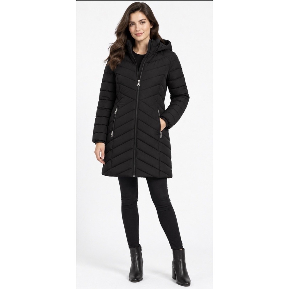 DKNY Women's Hooded Stretch Walker Coat Black Puffer Quilted Size Small